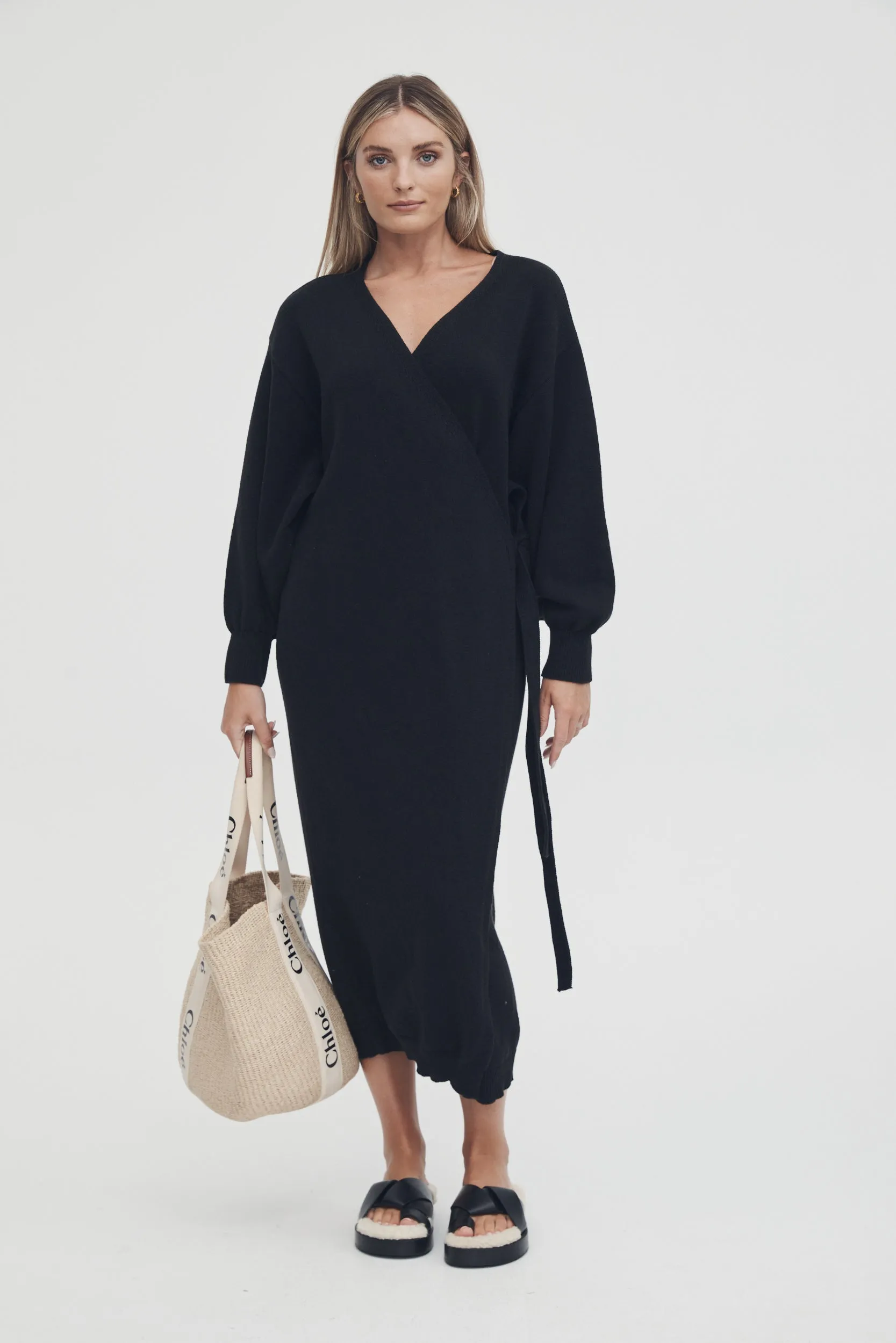 Knit Cotton Wrap Dress (Black)