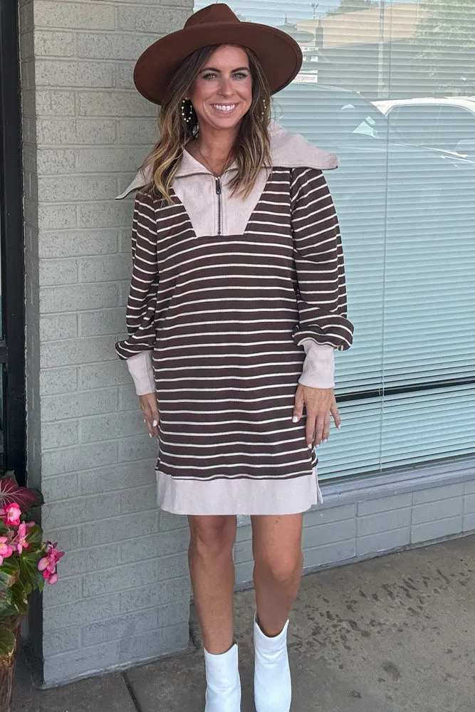 Knit Striped Contrast Trim Zipper Dress-Brown