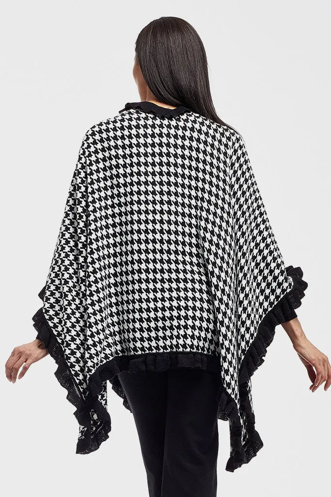 La Cera Houndstooth Split Poncho Shawl