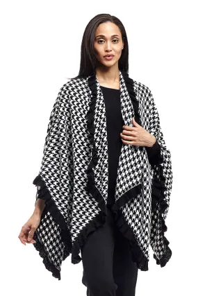 La Cera Houndstooth Split Poncho Shawl