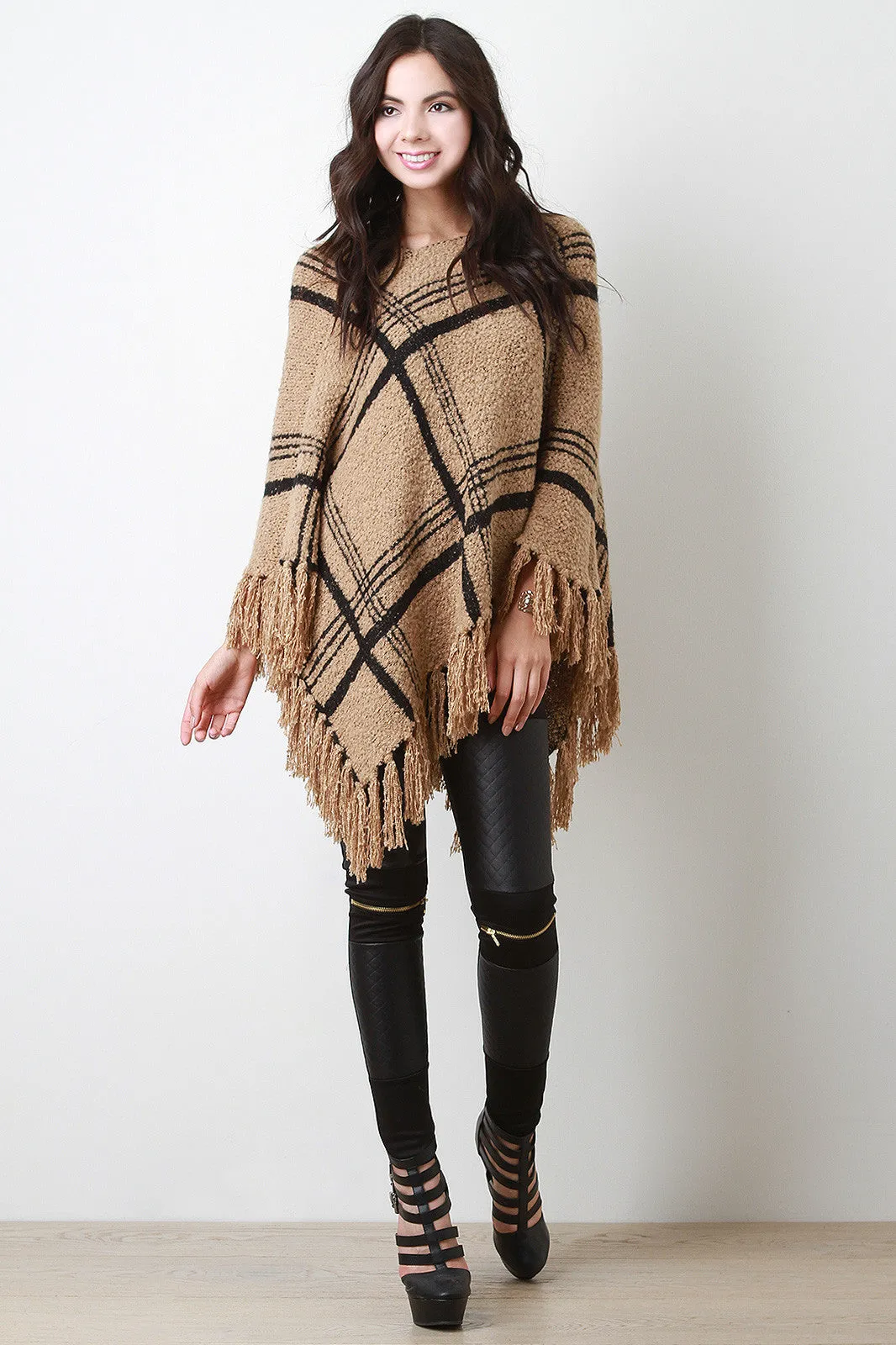 Large Grid V-Neck Poncho