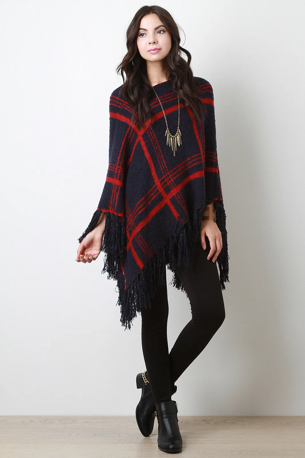 Large Grid V-Neck Poncho