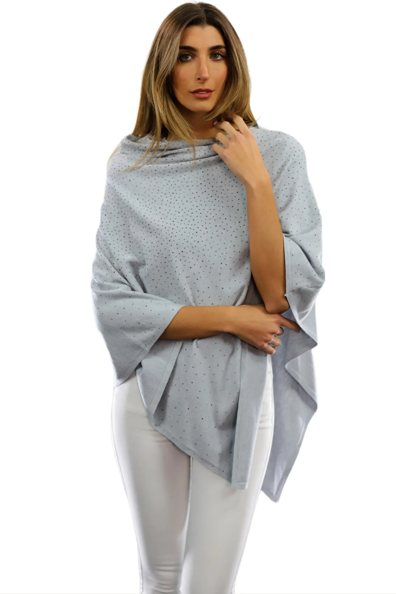 Light Weight Poncho with Embellishments- Grey