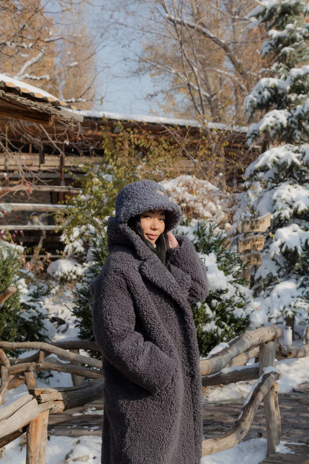 Long Oversize Womens Genuine Teddy Shearling Coat with Wide Collar Button Front in Aubergine Color