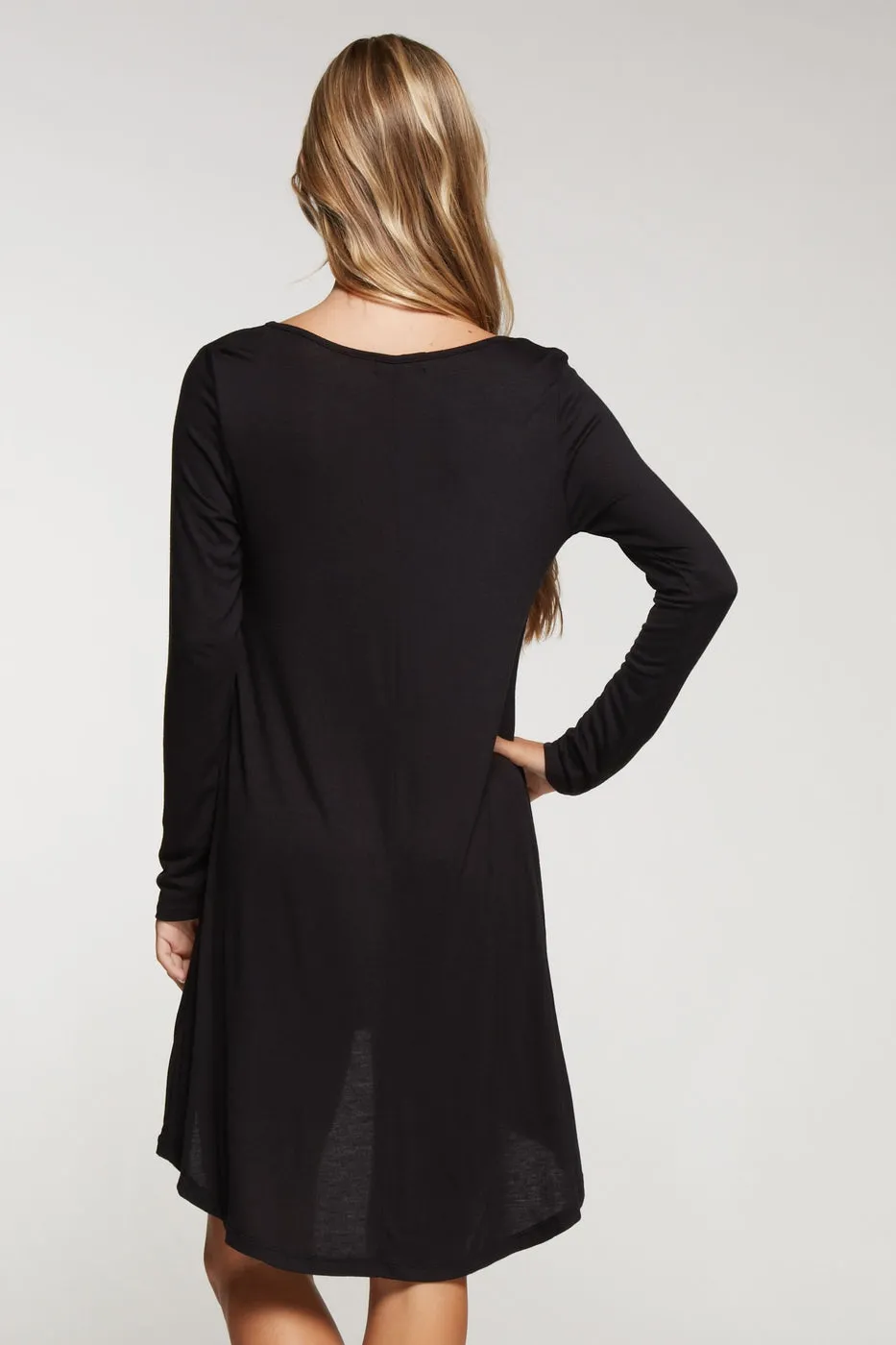 Long sleeve solid knit dress with hi-low bottom hem