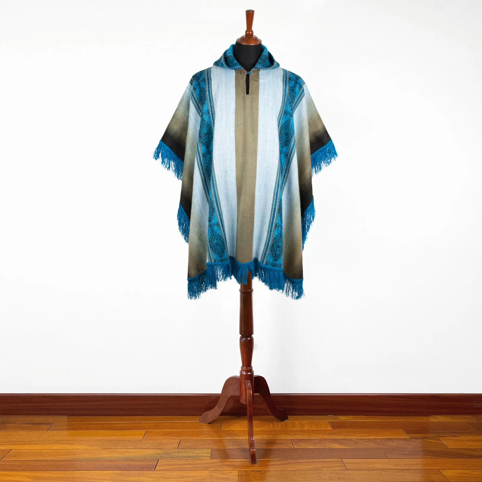 Lugulme - Lightweight Baby Alpaca Fringed Hooded Poncho - Beige/Turquoise/Blue - Unisex