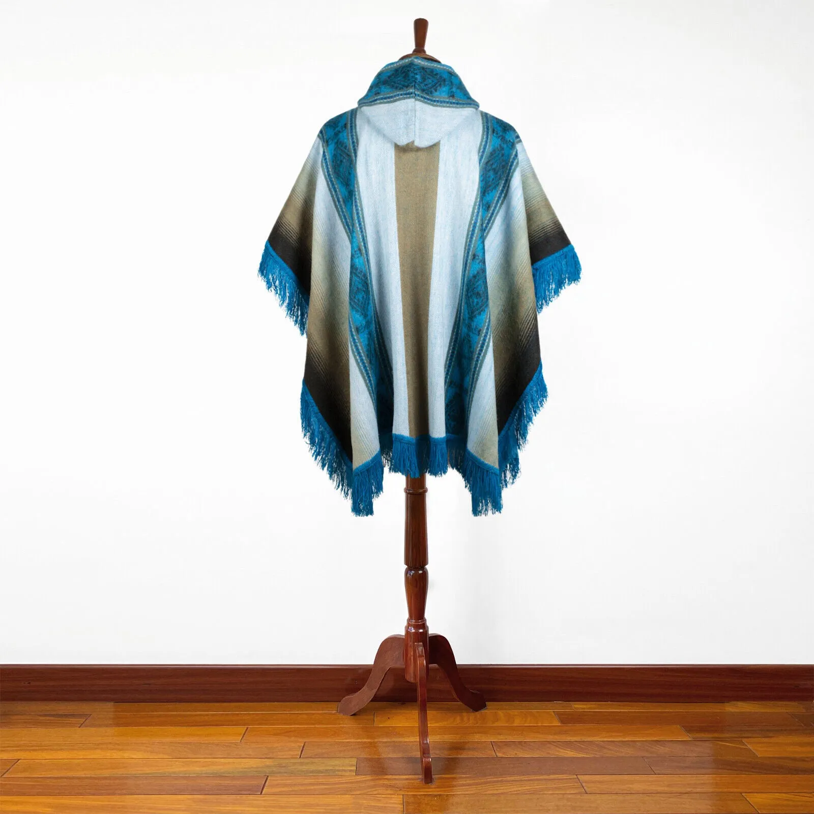 Lugulme - Lightweight Baby Alpaca Fringed Hooded Poncho - Beige/Turquoise/Blue - Unisex