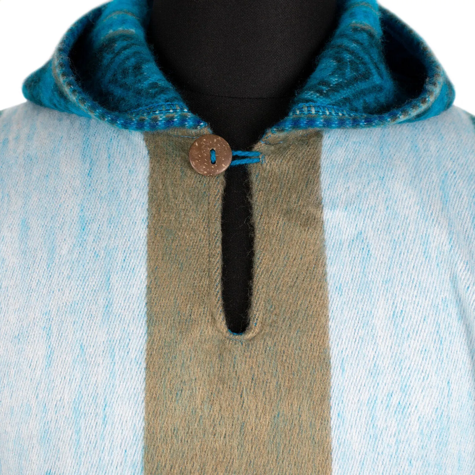 Lugulme - Lightweight Baby Alpaca Fringed Hooded Poncho - Beige/Turquoise/Blue - Unisex