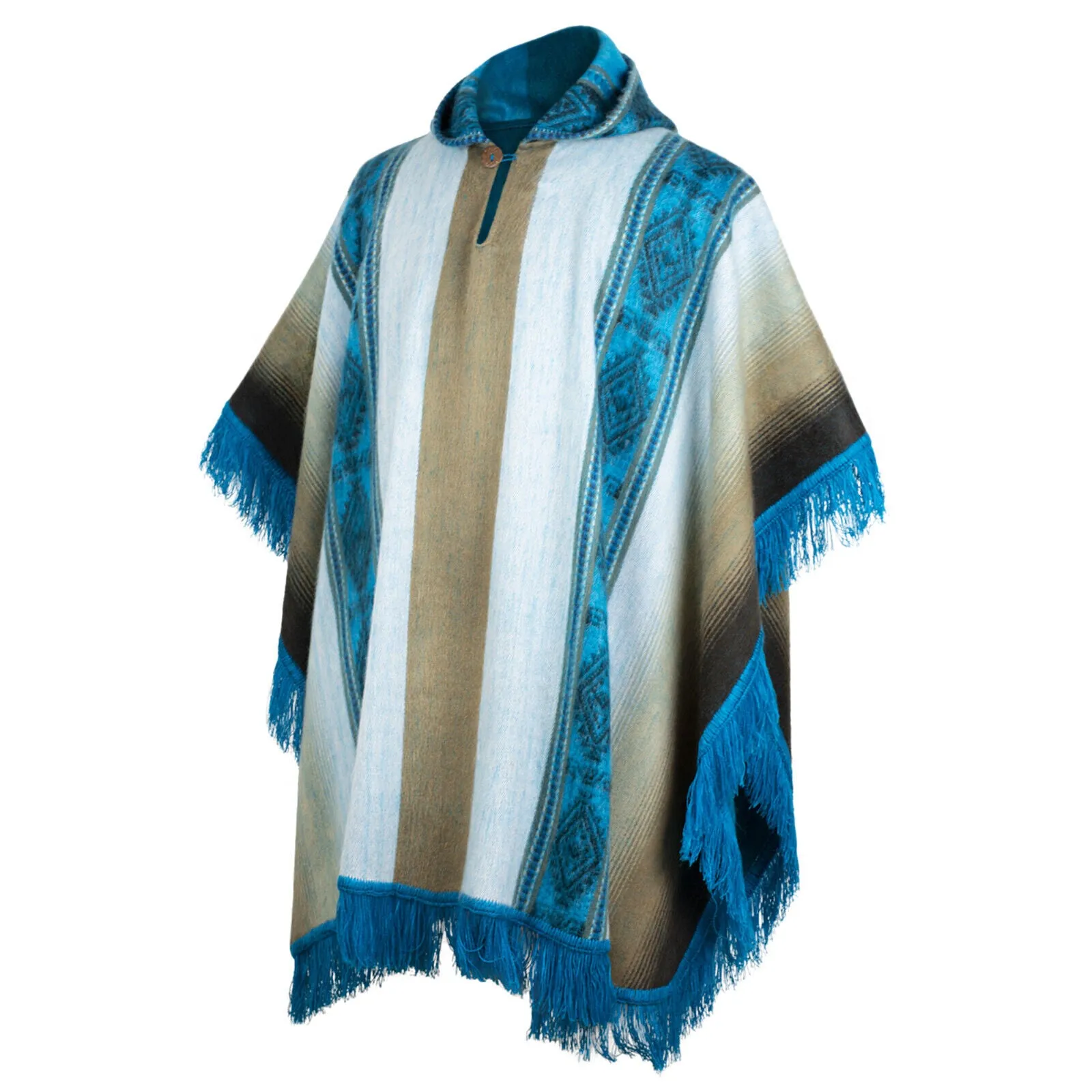 Lugulme - Lightweight Baby Alpaca Fringed Hooded Poncho - Beige/Turquoise/Blue - Unisex