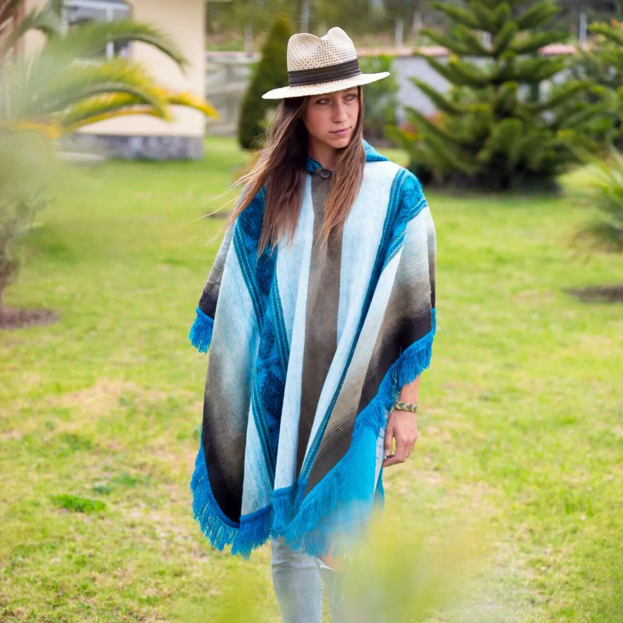 Lugulme - Lightweight Baby Alpaca Fringed Hooded Poncho - Beige/Turquoise/Blue - Unisex