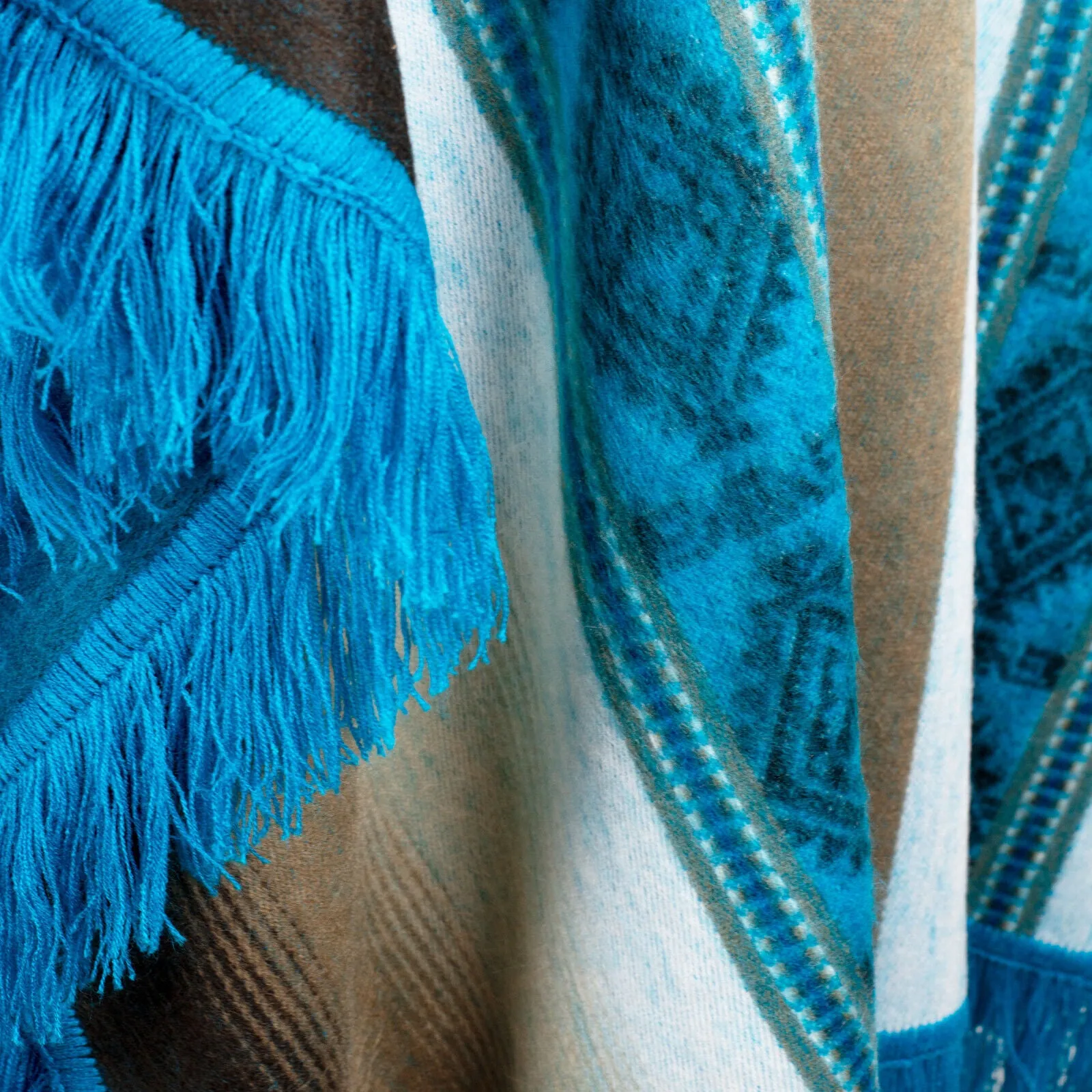 Lugulme - Lightweight Baby Alpaca Fringed Hooded Poncho - Beige/Turquoise/Blue - Unisex