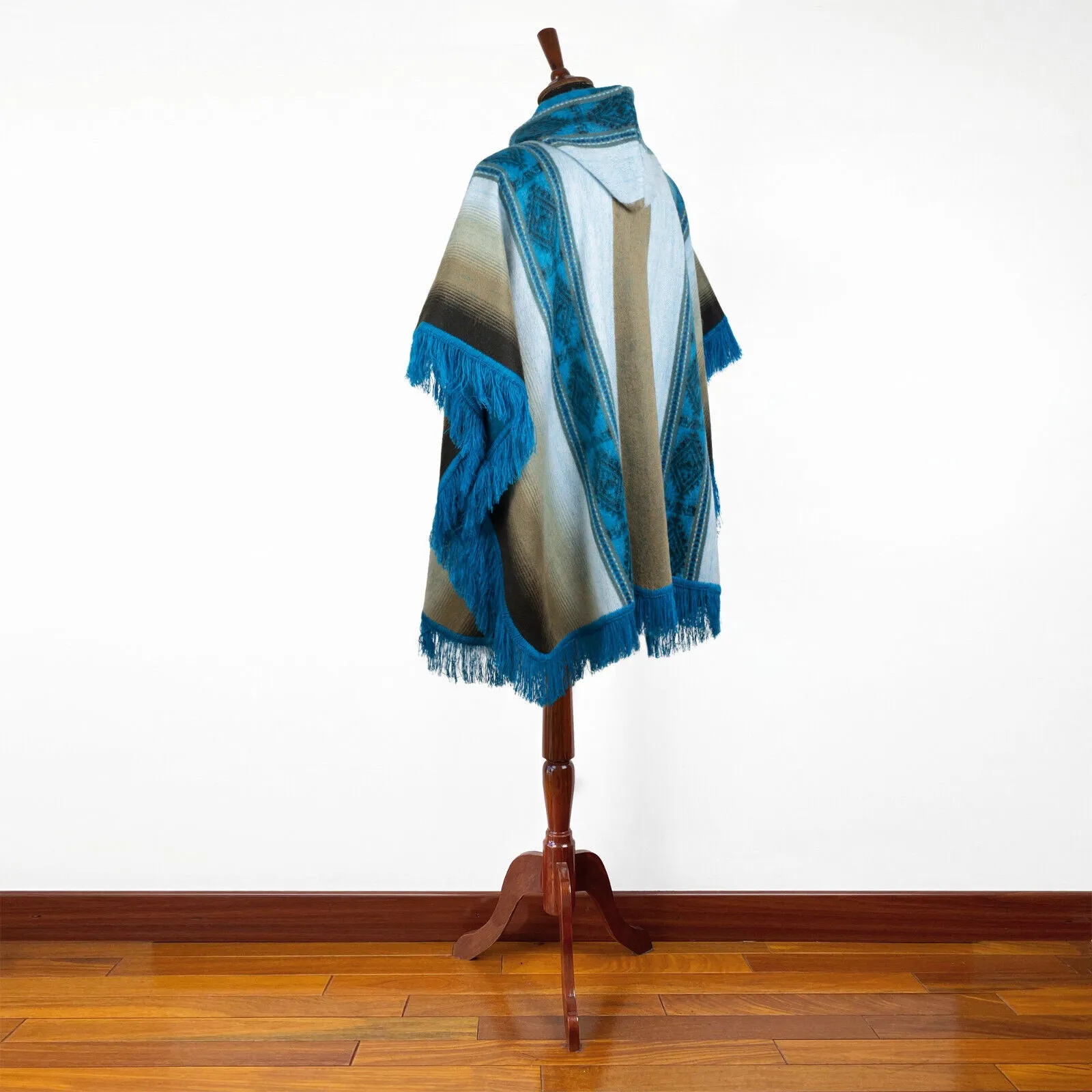 Lugulme - Lightweight Baby Alpaca Fringed Hooded Poncho - Beige/Turquoise/Blue - Unisex