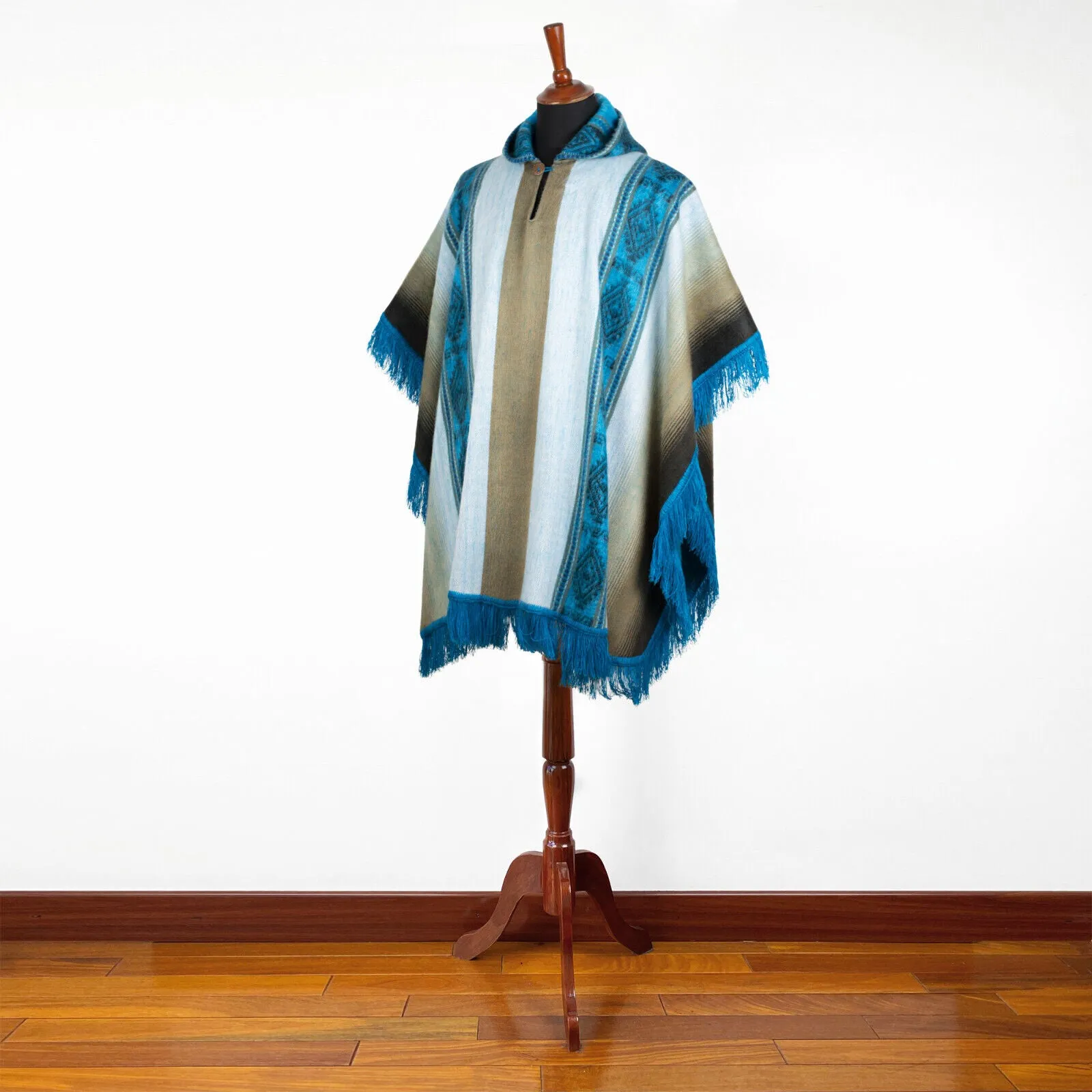 Lugulme - Lightweight Baby Alpaca Fringed Hooded Poncho - Beige/Turquoise/Blue - Unisex