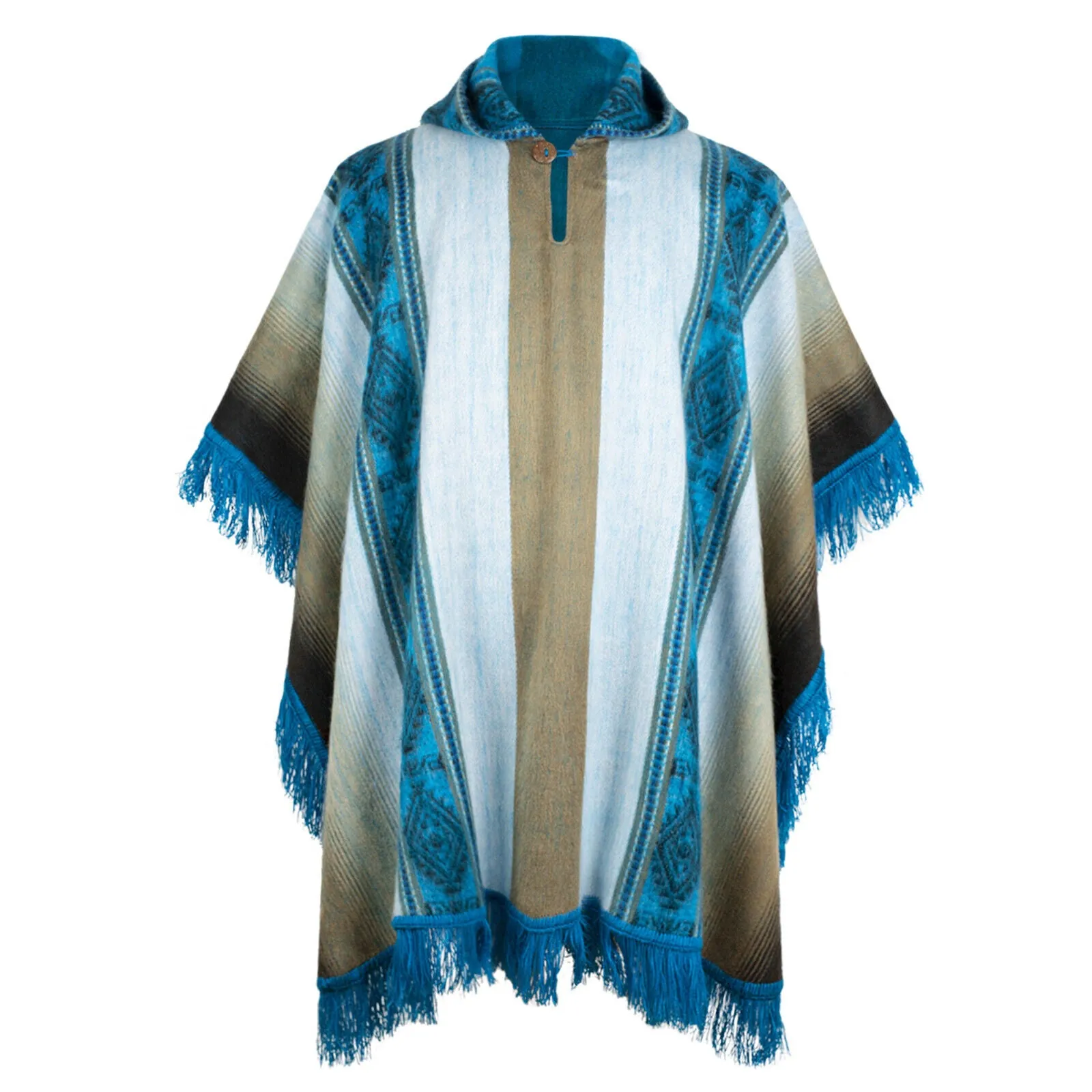 Lugulme - Lightweight Baby Alpaca Fringed Hooded Poncho - Beige/Turquoise/Blue - Unisex