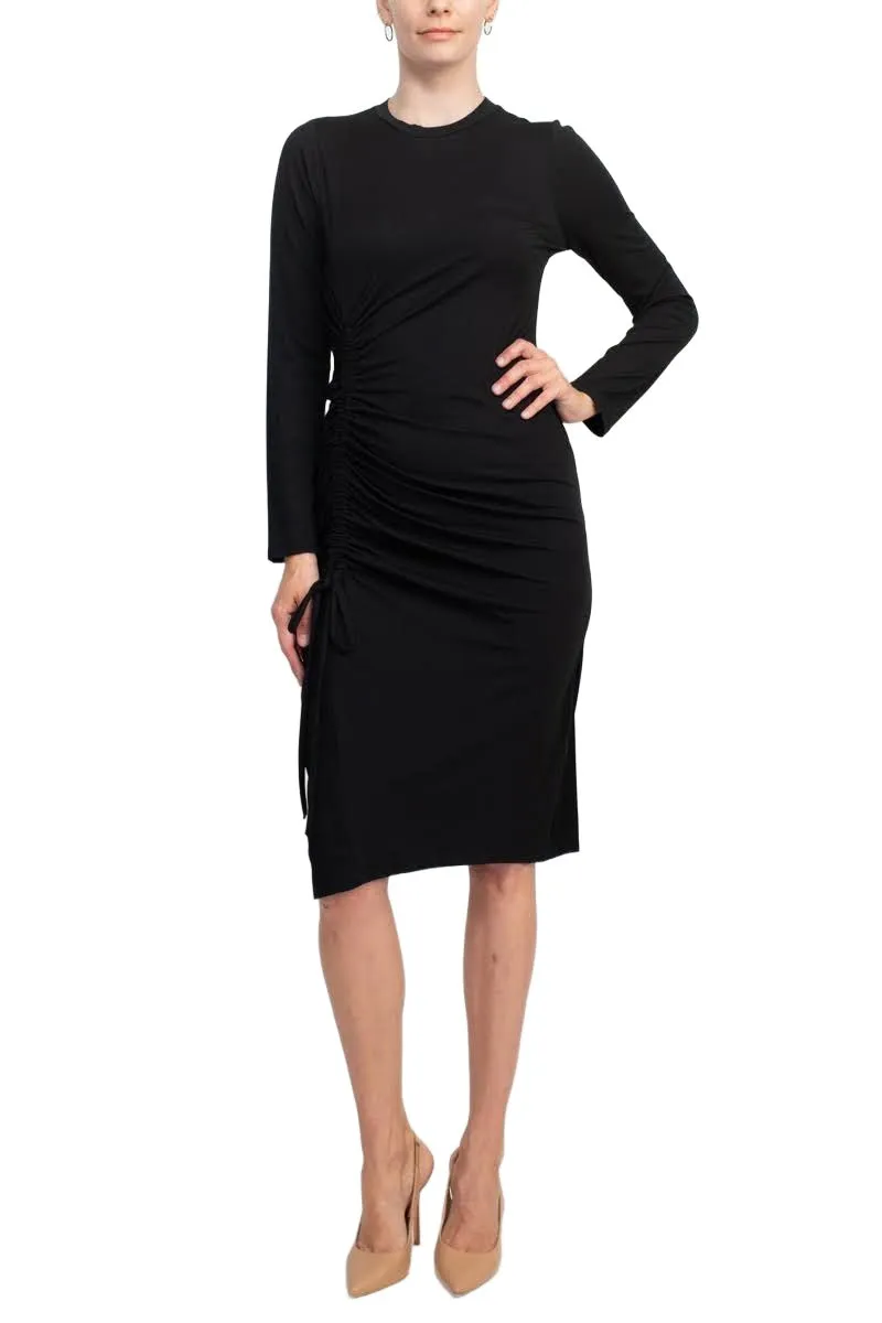 Maggy London Crew Neck Long Sleeve Gathered Side Solid Knit Dress