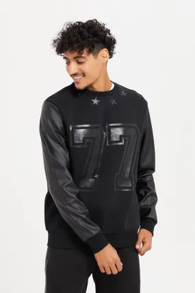 Men Black Faux Leather Sleeves Sweatshirt