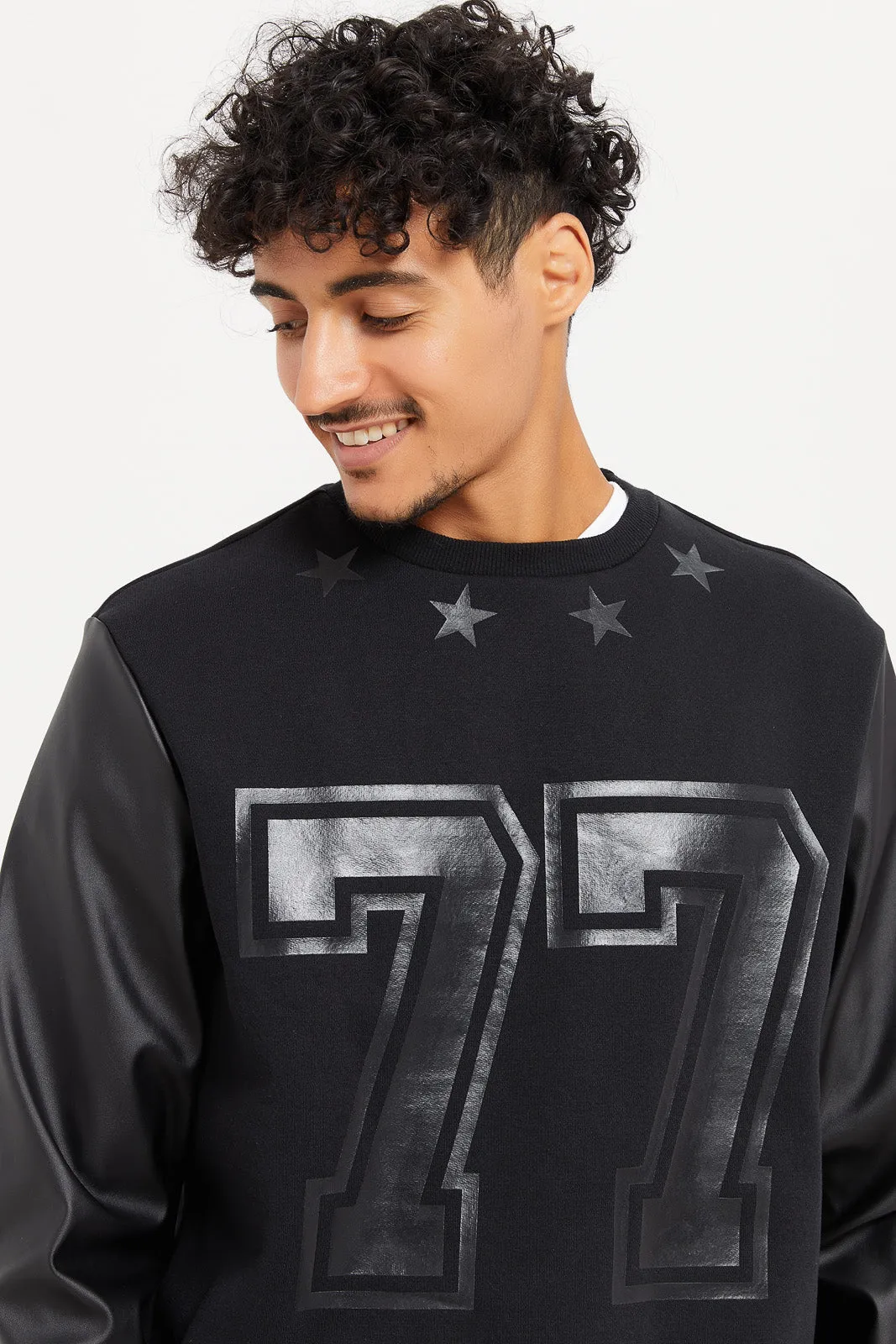 Men Black Faux Leather Sleeves Sweatshirt