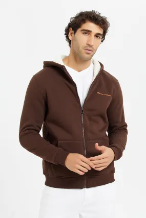 Men Brown Faux Fur Zipper Hooded Sweatshirt