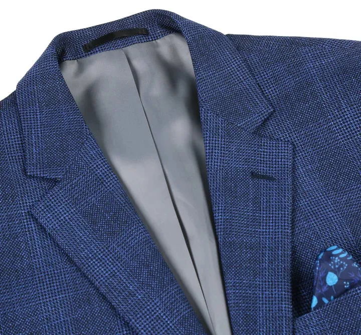 Mens Blazer - Cheap Priced Mens Sport Coat - Mens Two Button Classic Fit Sport Coat Blazer In Navy Blue Windowpane Plaid