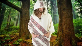 Mens Poncho Large Hood Yak Wool White Tribal Embroidery Celtic Patterns Gypsy Alternative Wild Festival Rave Mexican Primitive AJJAYA