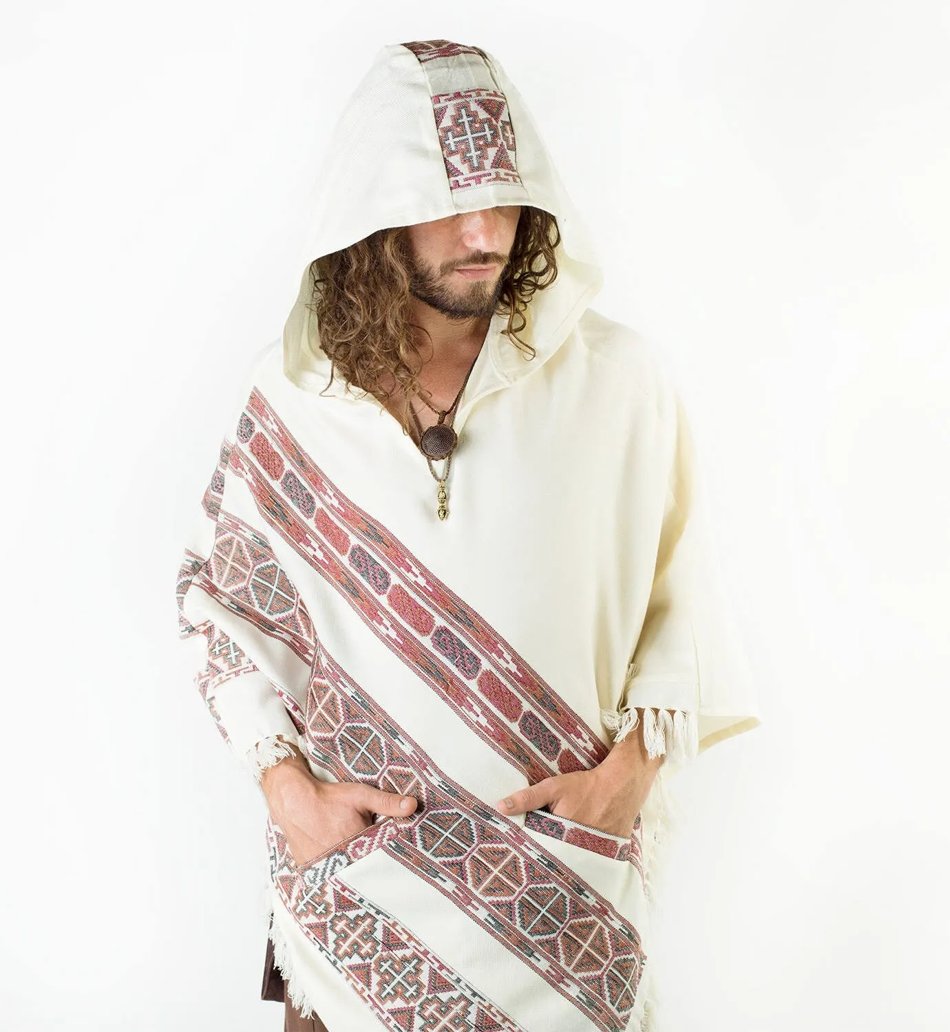 Mens Poncho Large Hood Yak Wool White Tribal Embroidery Celtic Patterns Gypsy Alternative Wild Festival Rave Mexican Primitive AJJAYA