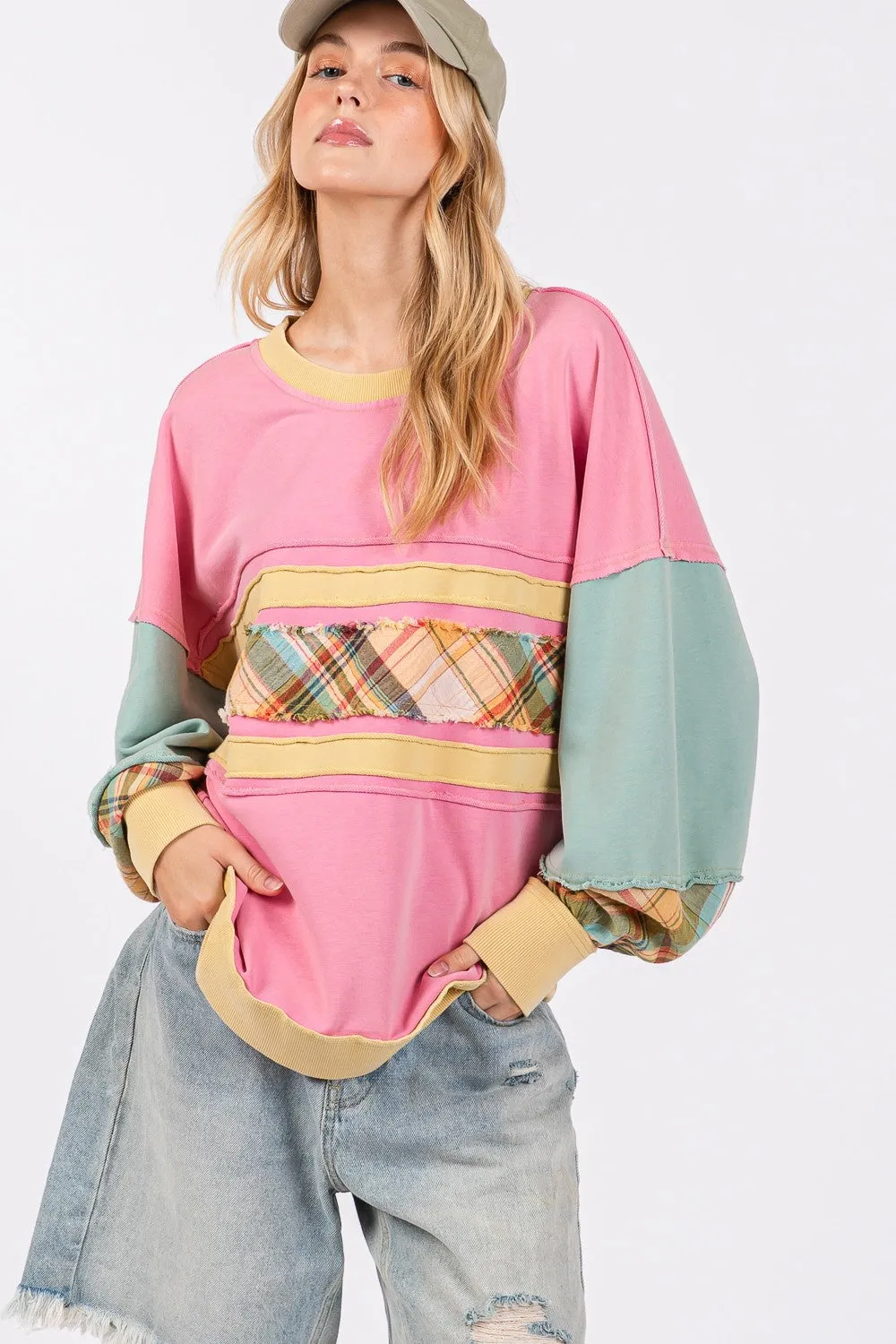 Mineral Washed Raw Edge Color Block Sweatshirt