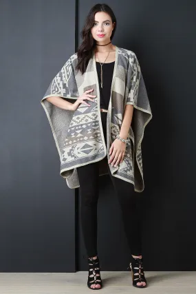 Navajo Tribal Print and Stripes Open Front Poncho