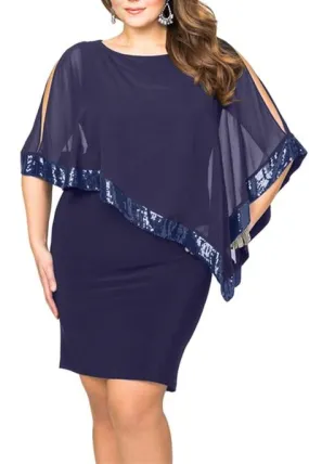 Navy Blue Sequined Mesh Overlay Poncho Plus Size