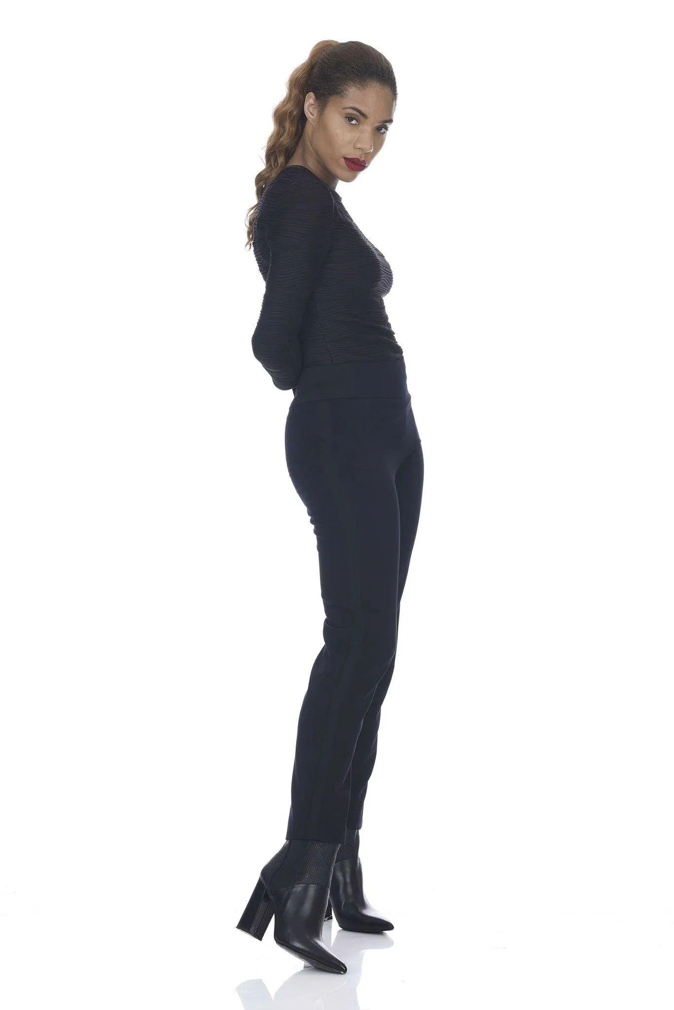 Navy Gabardine Banded Waist Tuxedo Slim Pant