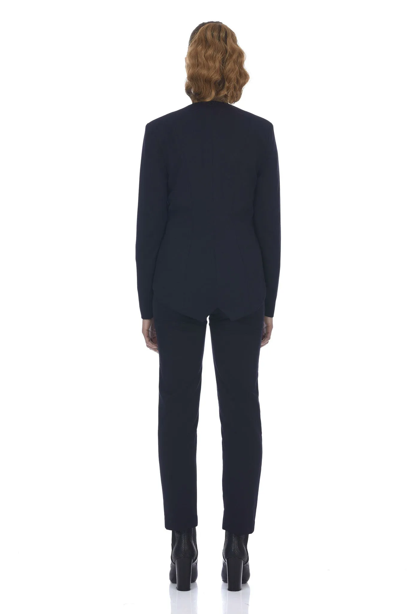 Navy Gabardine Banded Waist Tuxedo Slim Pant