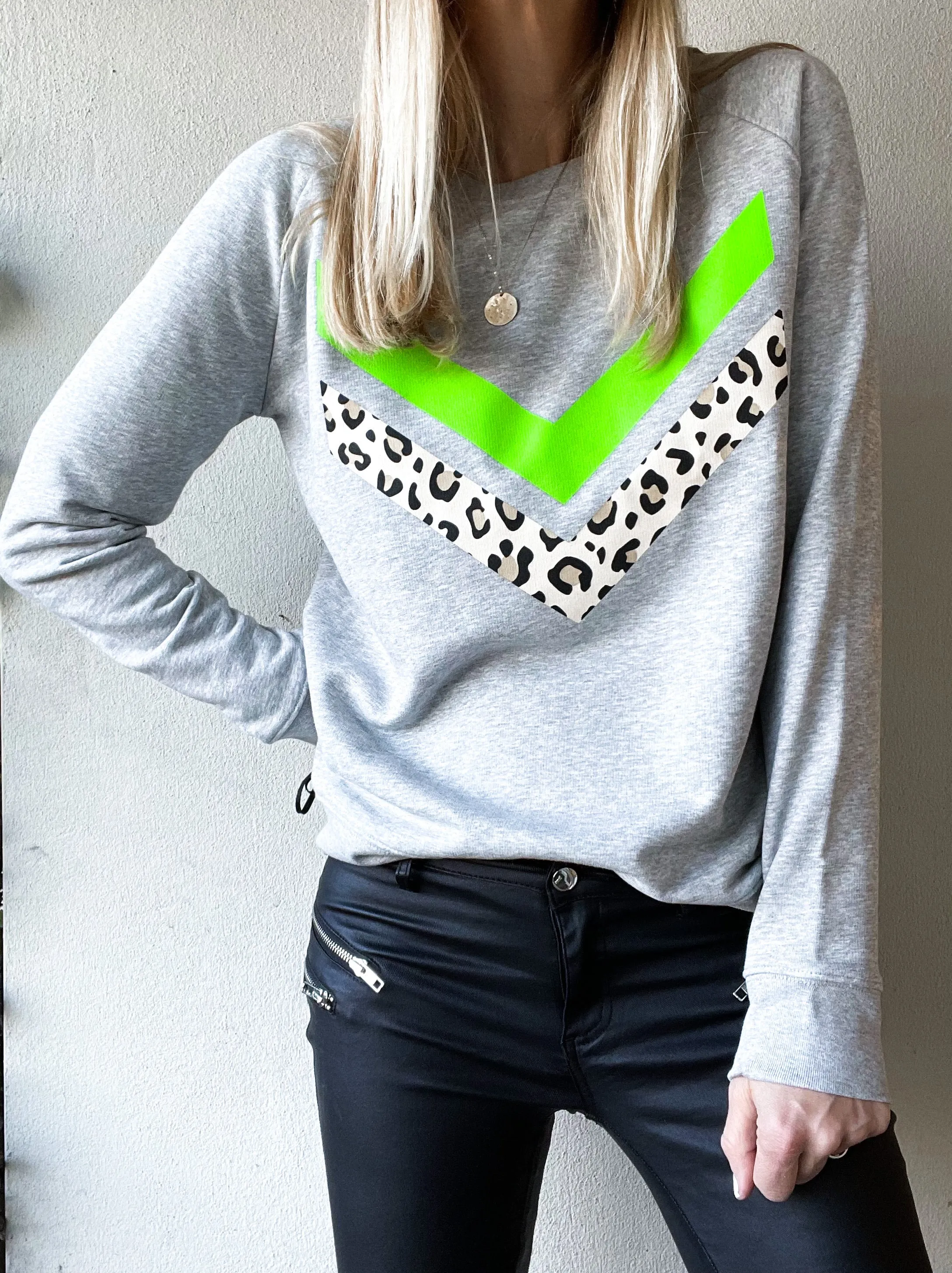 Neon green & leopard double chevron sweatshirt