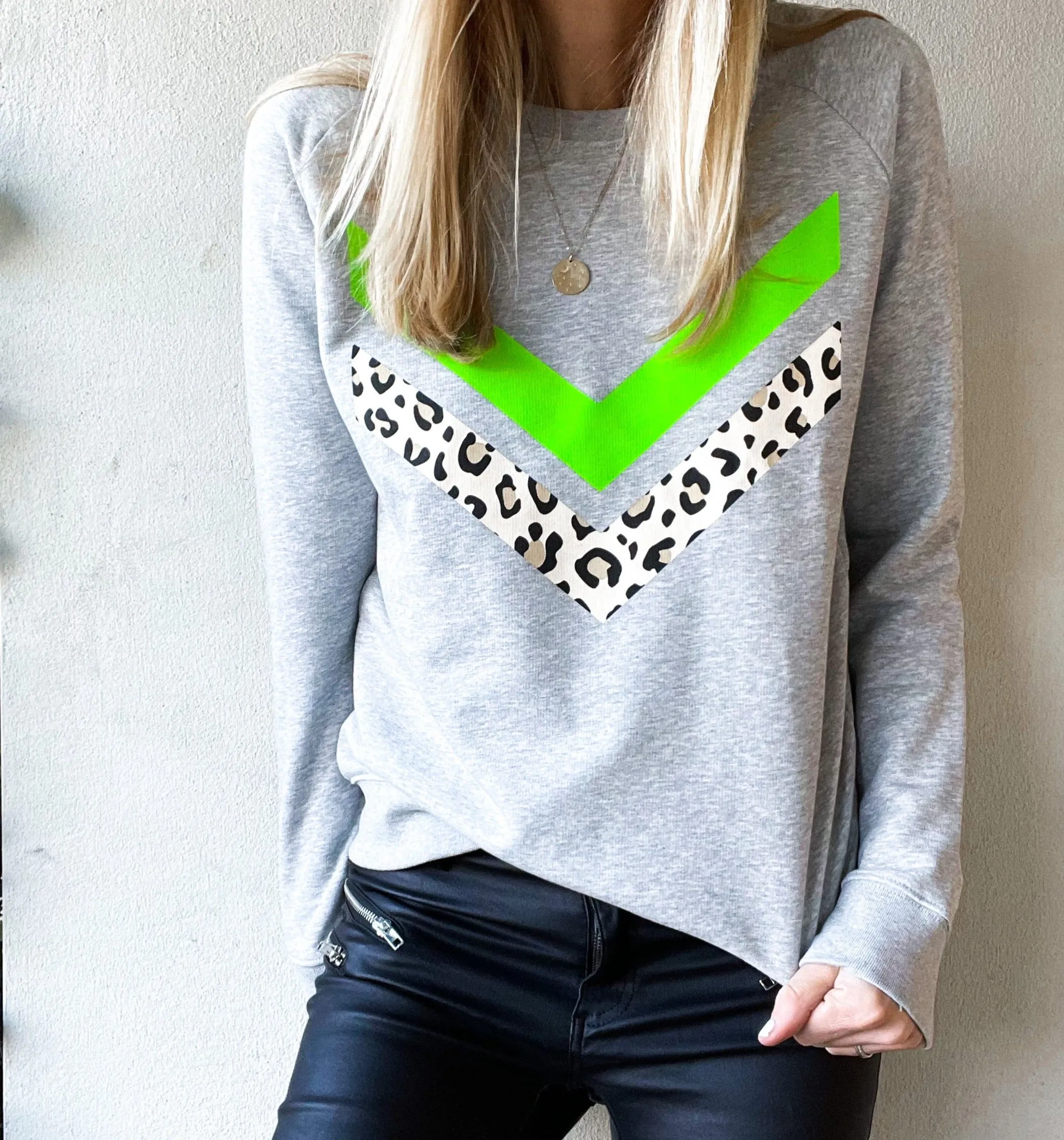 Neon green & leopard double chevron sweatshirt