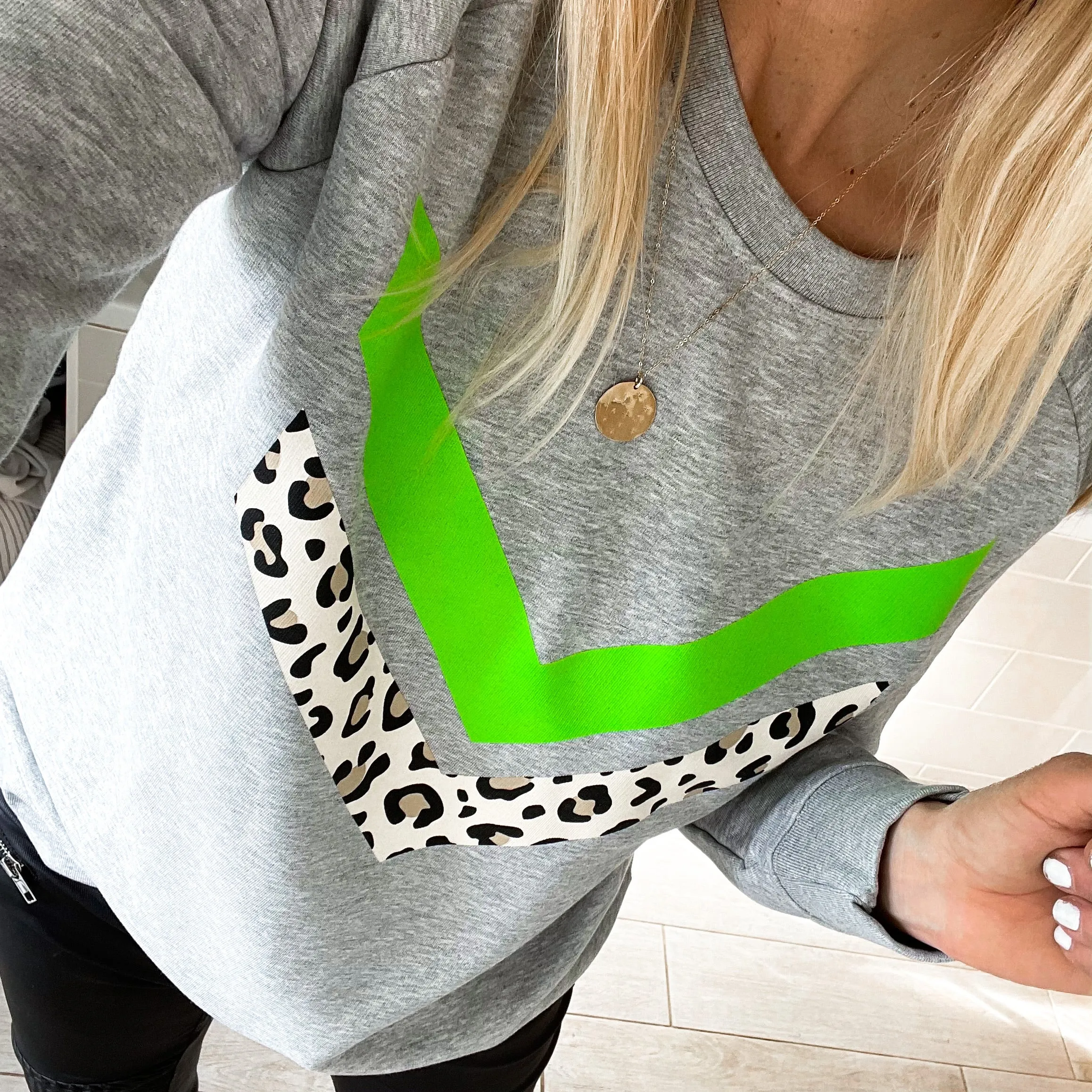 Neon green & leopard double chevron sweatshirt