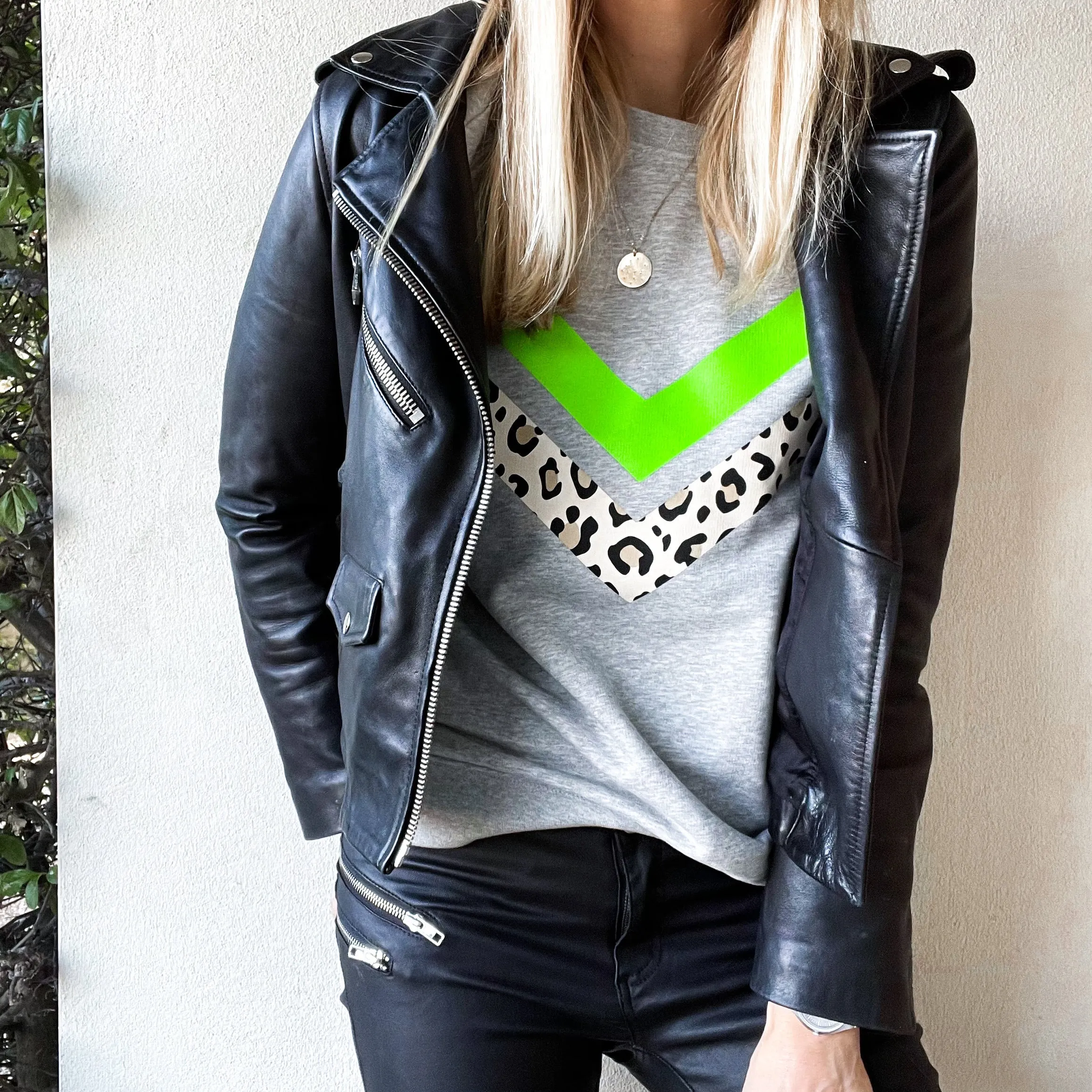 Neon green & leopard double chevron sweatshirt