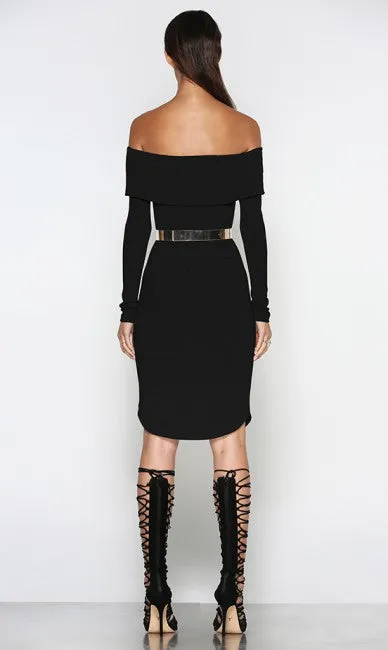 Off the hook black knit midi dress