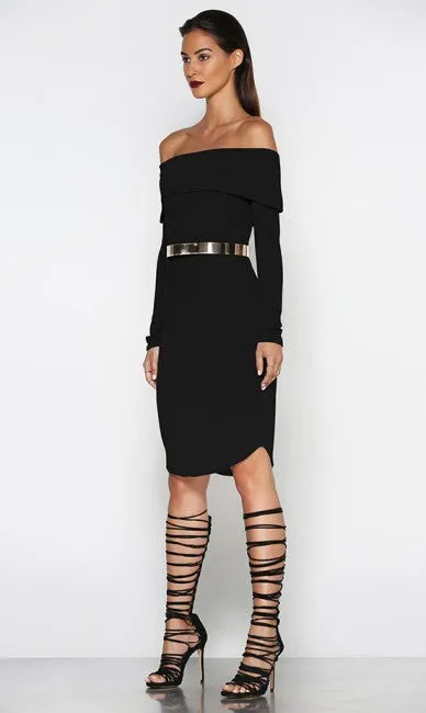 Off the hook black knit midi dress