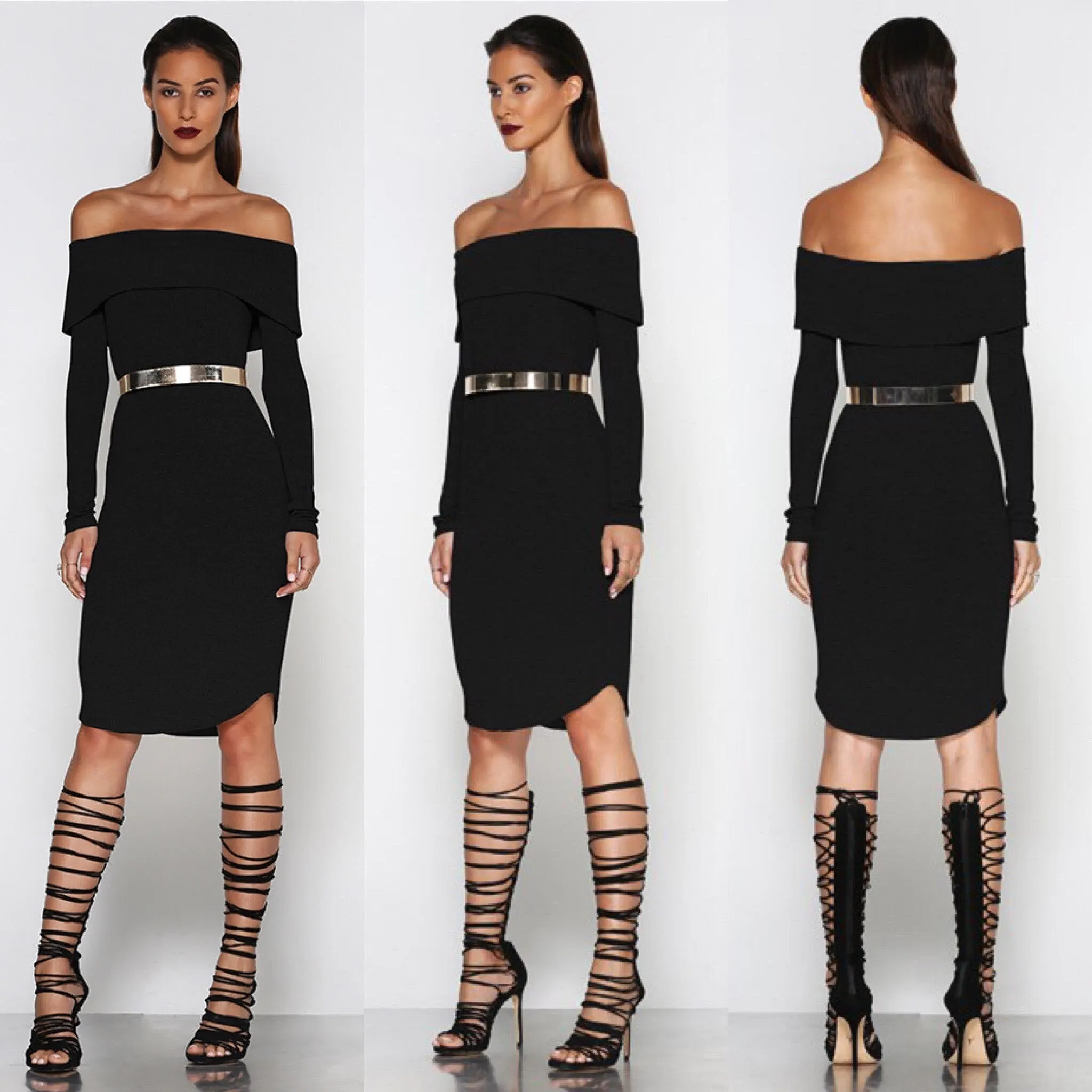 Off the hook black knit midi dress