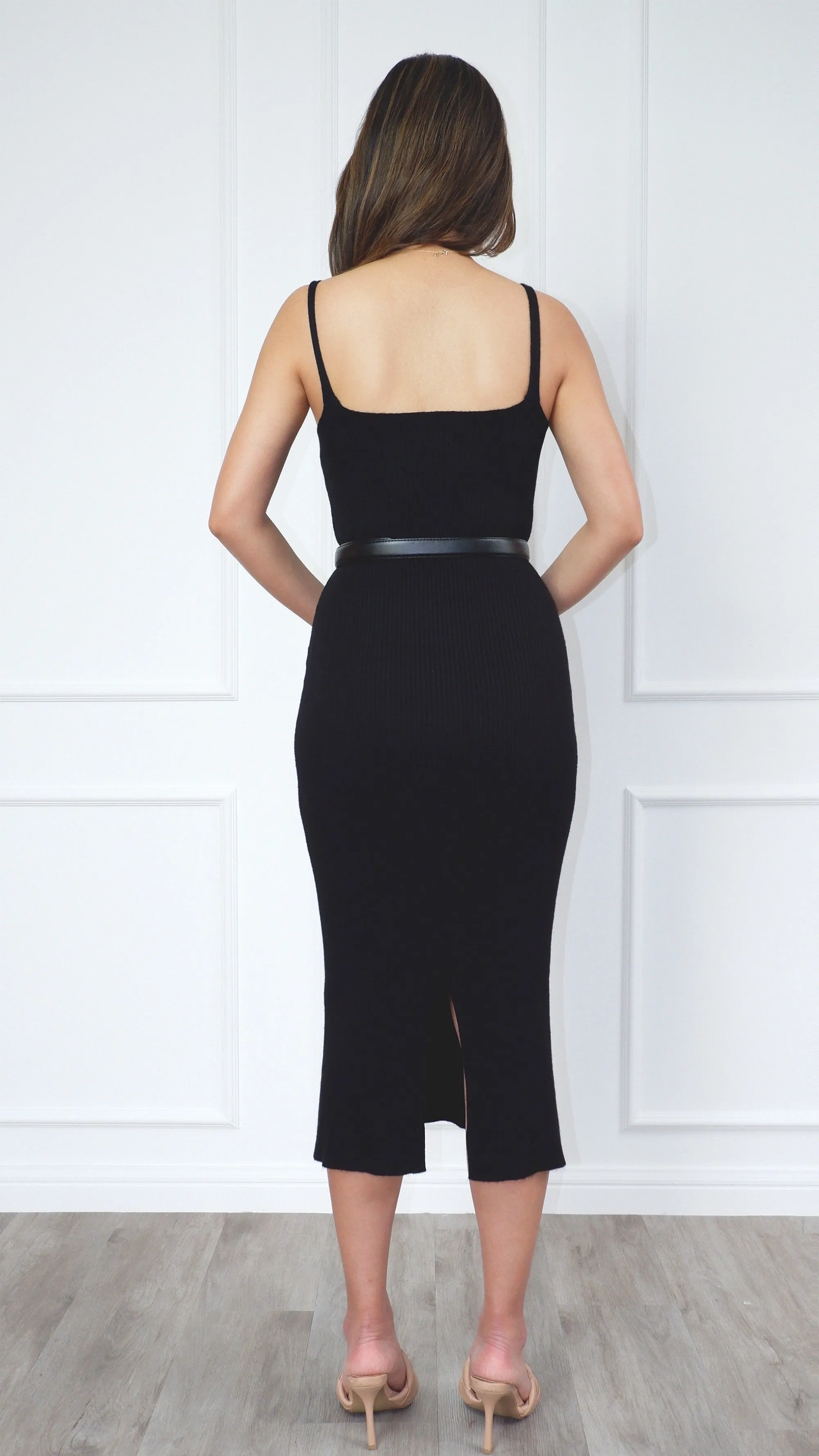 Olivia Sleeveless Deep-V Neck Yarn Knit Fitted Midi Dress