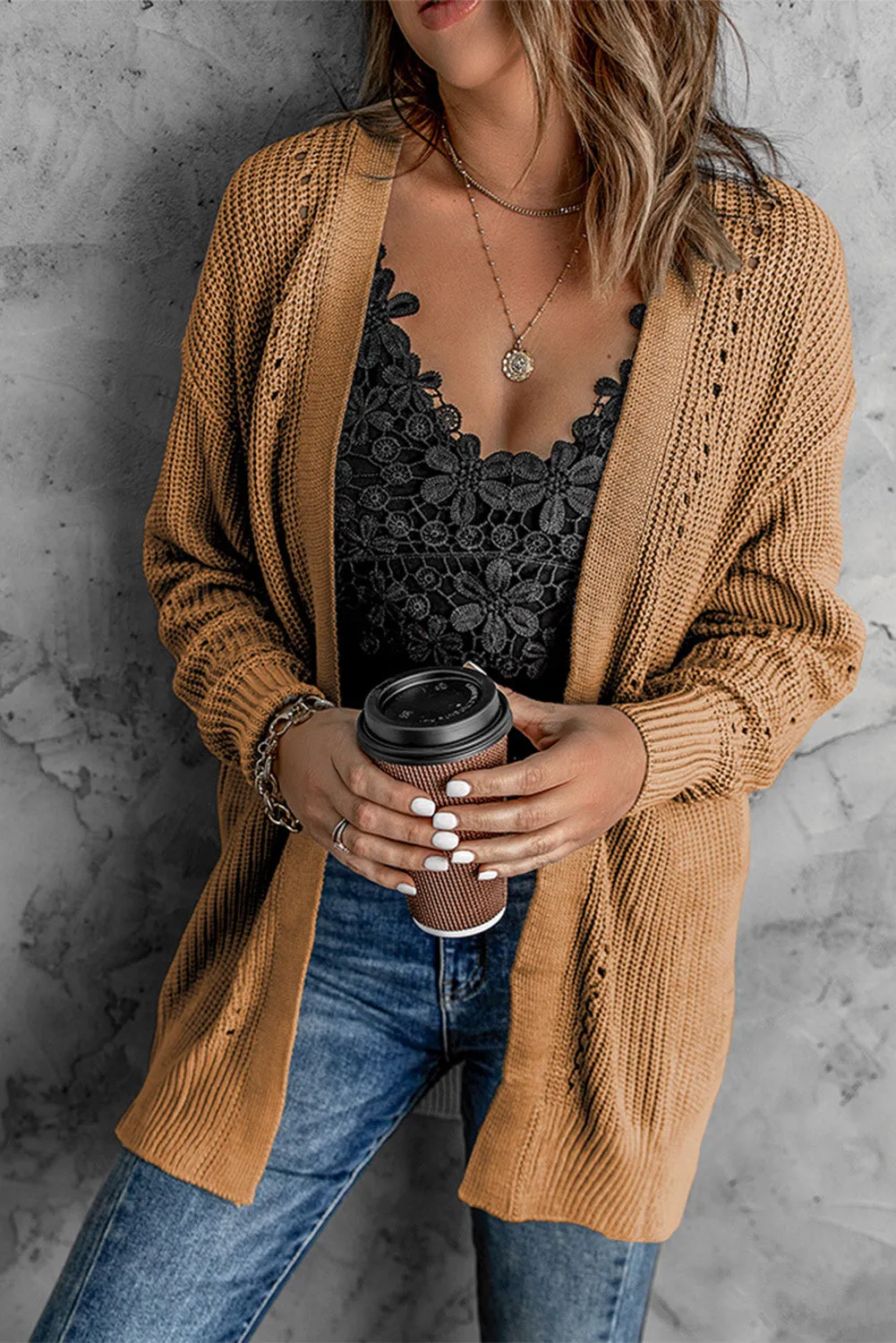 Openwork Rib-Knit Slit Cardigan with Pockets