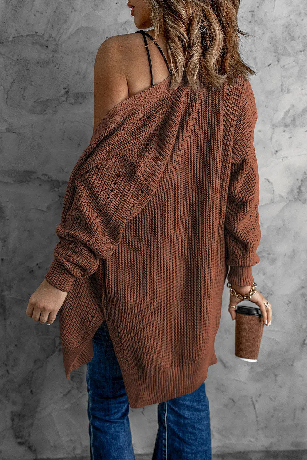 Openwork Rib-Knit Slit Cardigan with Pockets