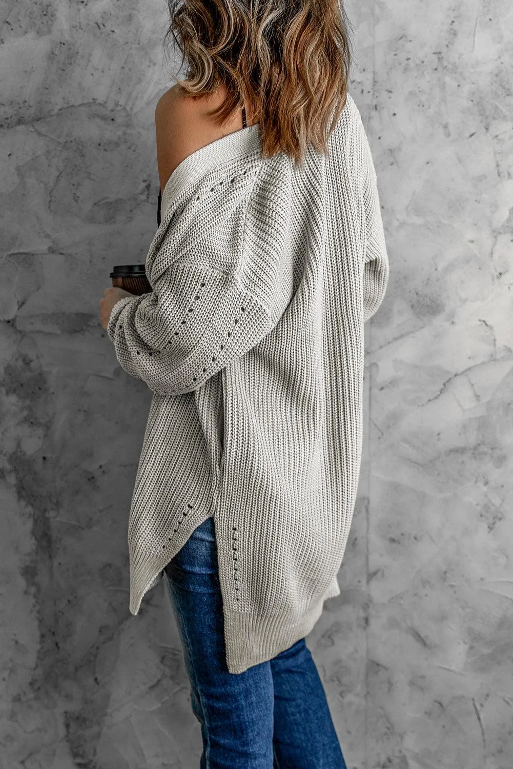 Openwork Rib-Knit Slit Cardigan