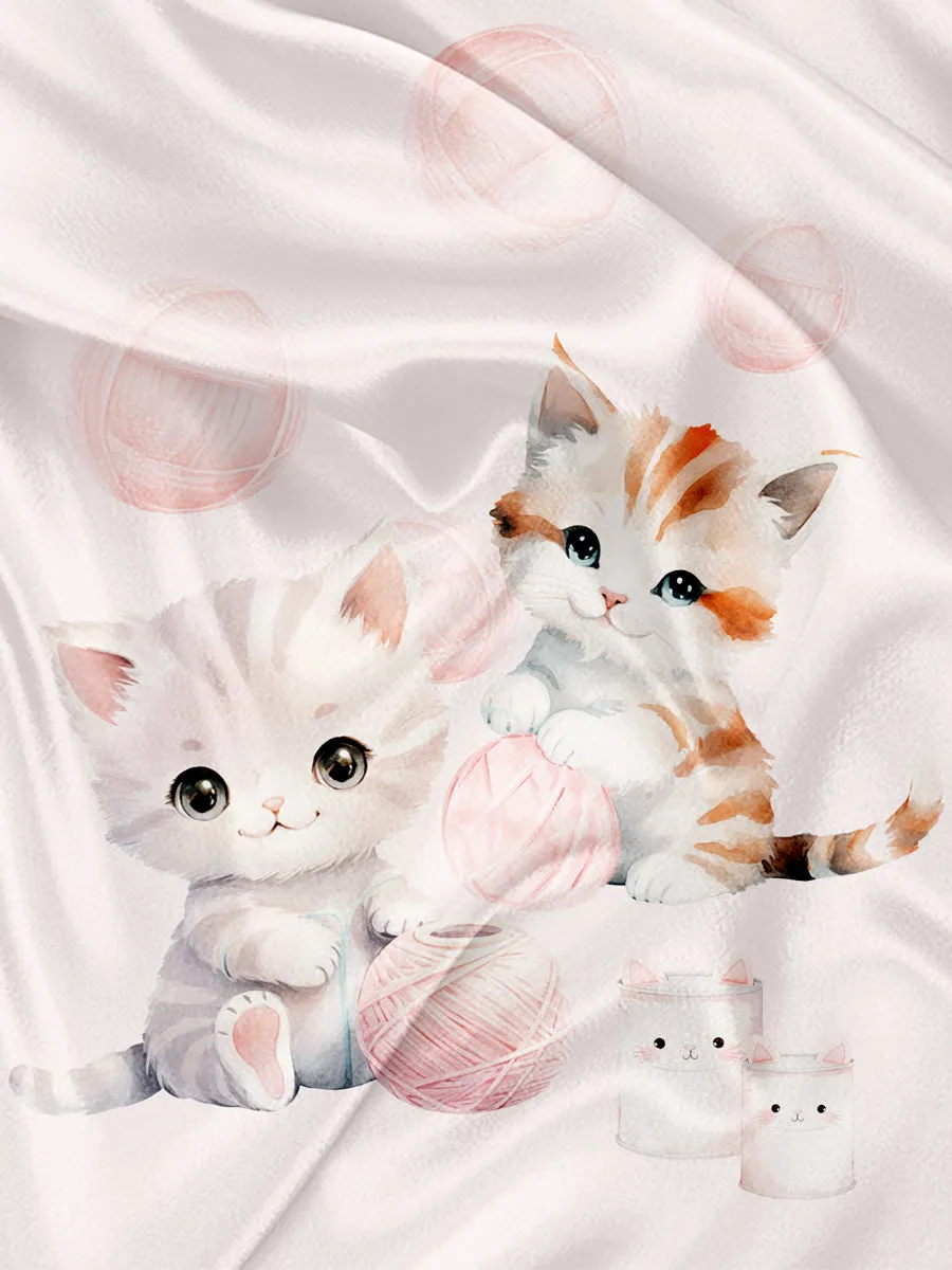 Panneau pour Serviette et Couverture Chaton et balle de laine rose