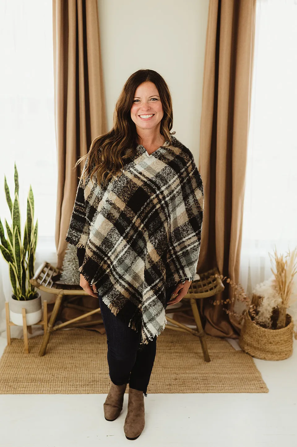 Plaid Frayed Poncho