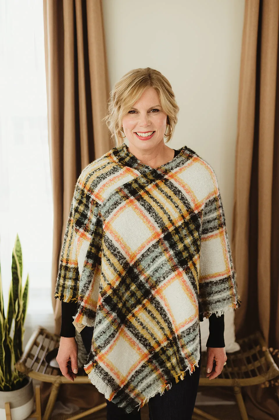 Plaid Frayed Poncho