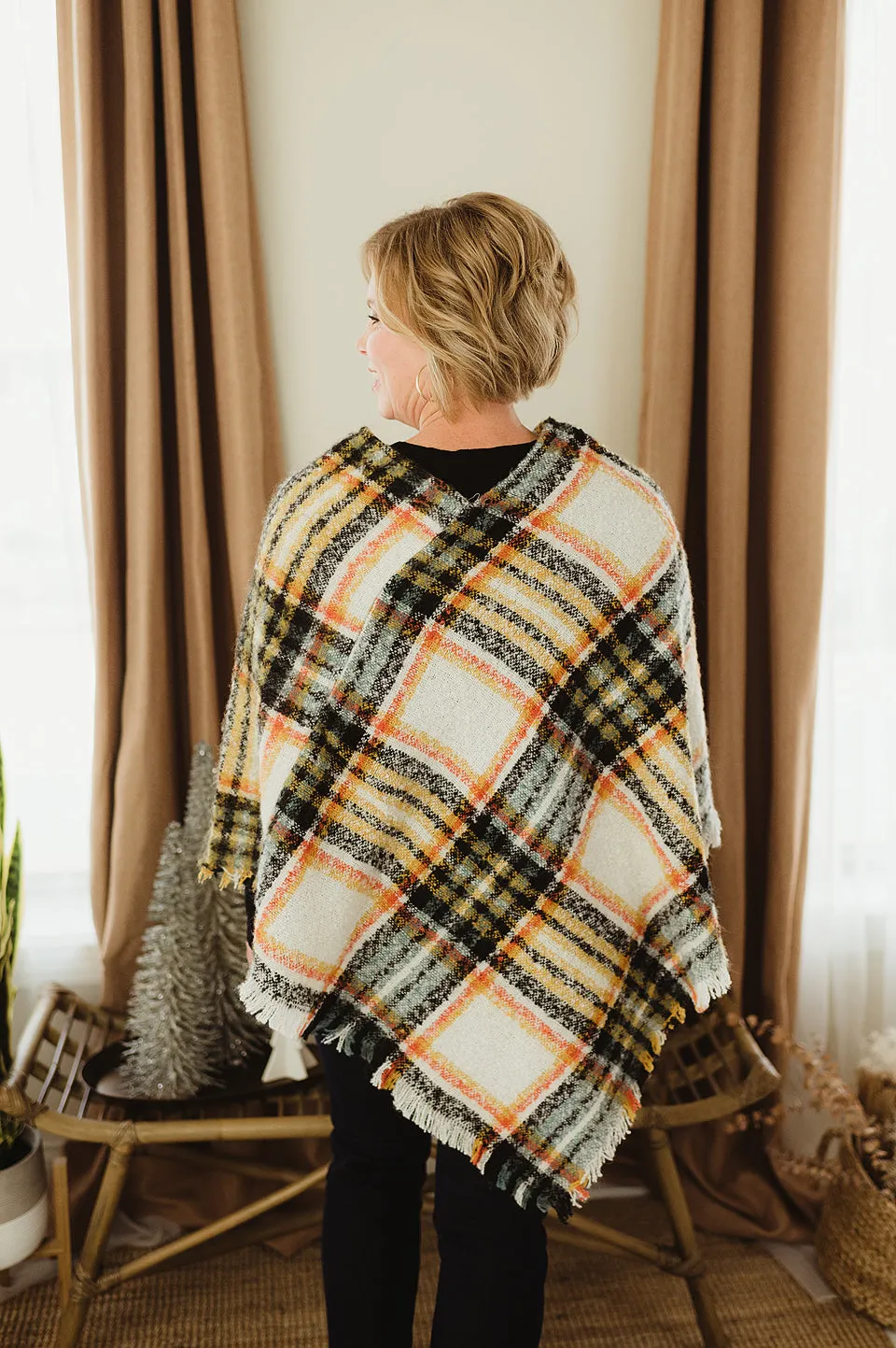 Plaid Frayed Poncho