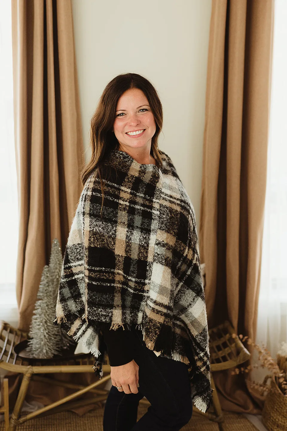 Plaid Frayed Poncho