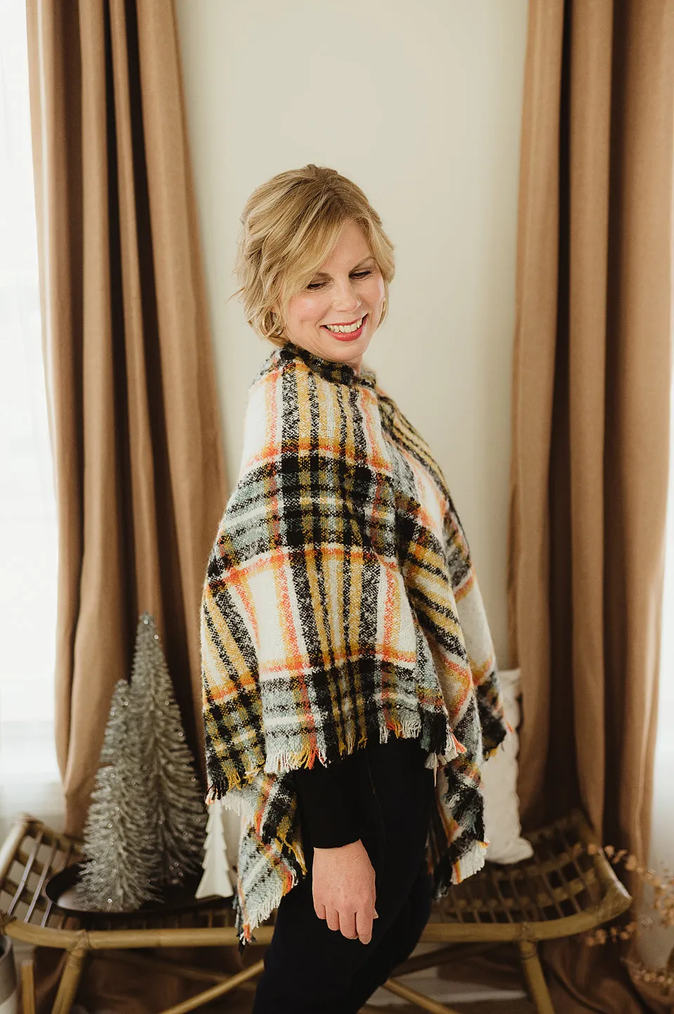 Plaid Frayed Poncho