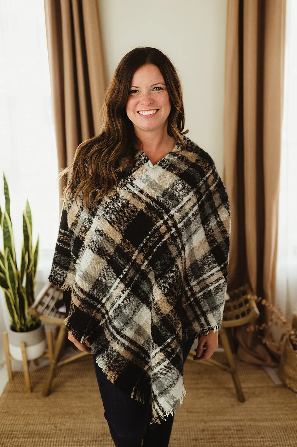 Plaid Frayed Poncho