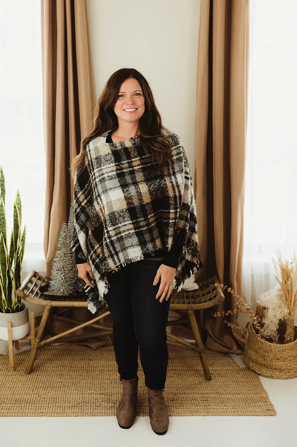 Plaid Frayed Poncho