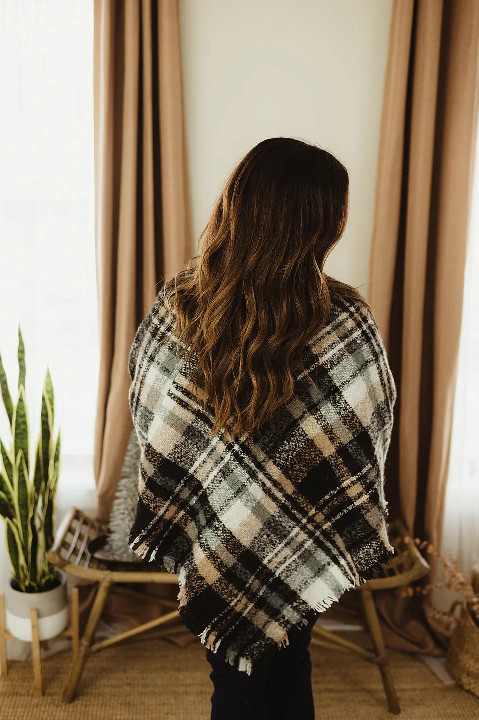 Plaid Frayed Poncho